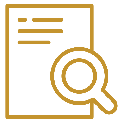 Gold outline of a document with lines and a magnifying glass over the lower right corner, symbolizing document review or search.