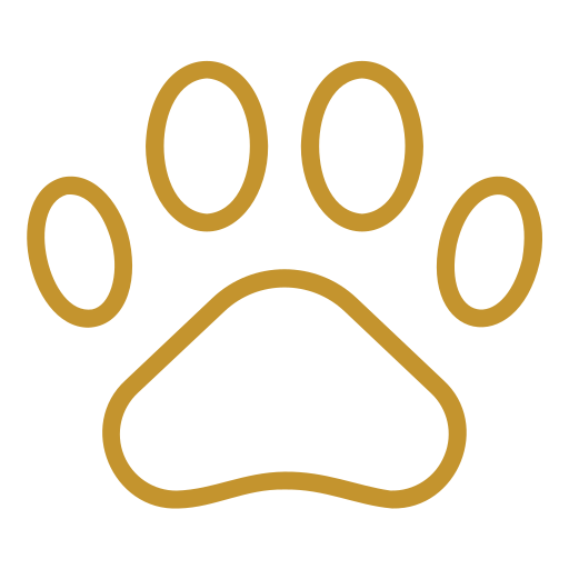 A simple gold outline of a paw print with four toes and a pad on a light gray background.