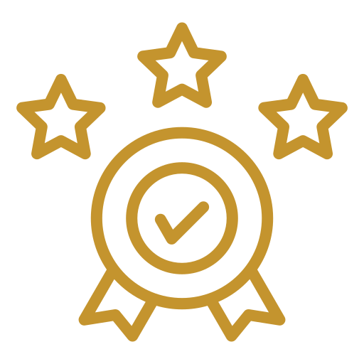 Gold icon of a ribbon with a check mark in the center, surrounded by three stars, representing quality, achievement, or excellence.