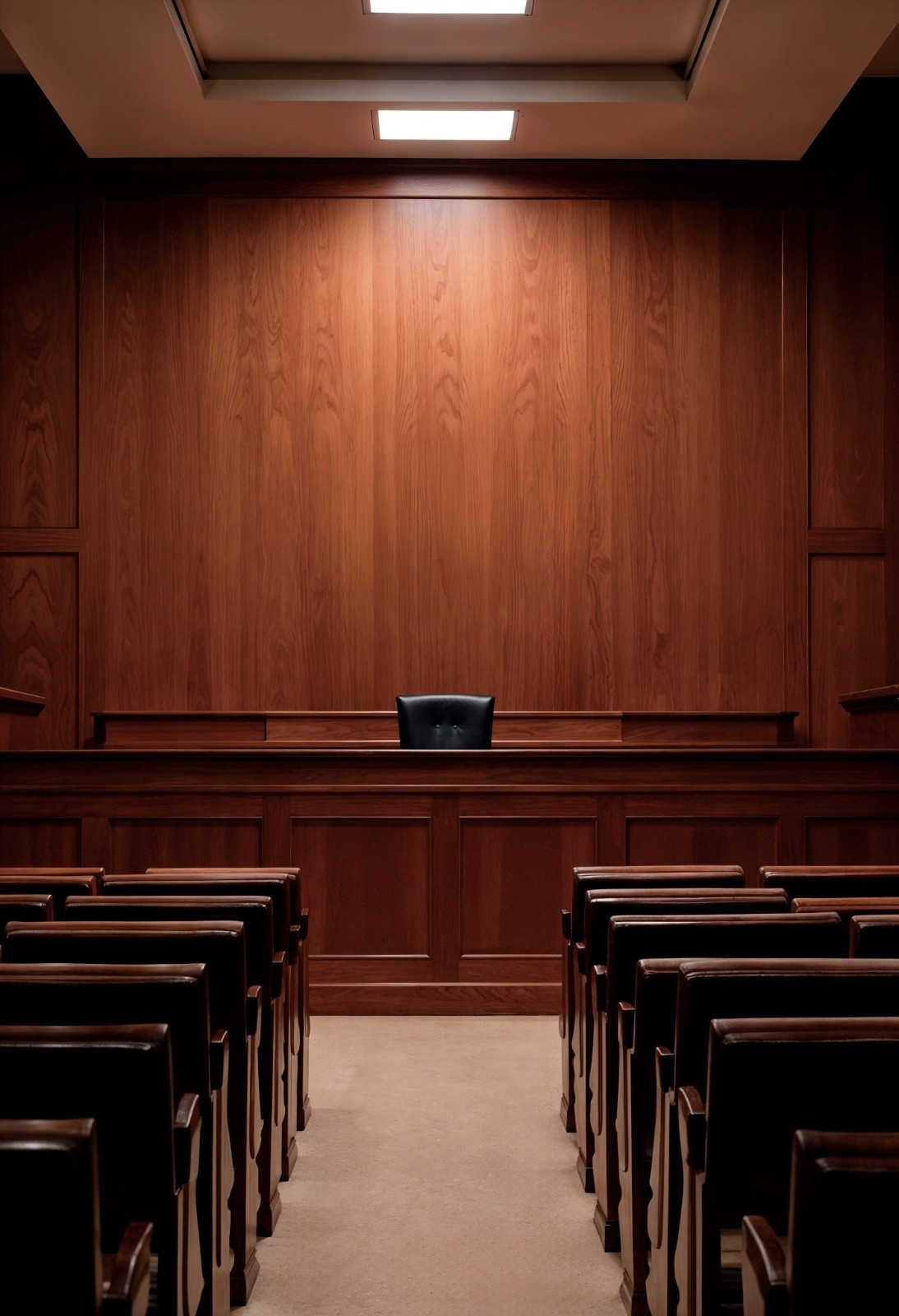 Empty courtroom with wooden walls, rows of seats facing a judge's bench, and a single black chair behind the bench.