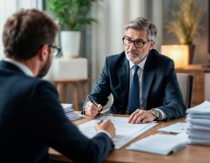 Two men in business suits sit across a desk with paperwork, engaged in a serious conversation in an office setting.