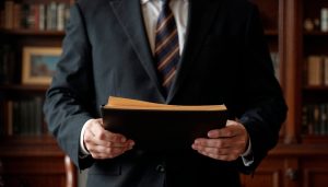 A Las Vegas personal injury lawyer in a suit holds a folder with documents, standing confidently in front of bookshelves.