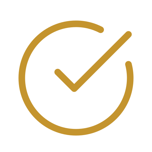 A gold check mark inside a gold circle on a light gray background.