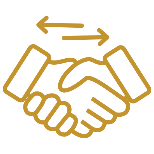 Illustration of two hands shaking with a bidirectional arrow above them, symbolizing an agreement or exchange.