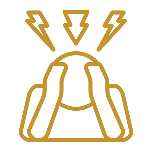 Line drawing of a person sitting with head in hands and three lightning bolts above, suggesting stress, frustration, or headache.