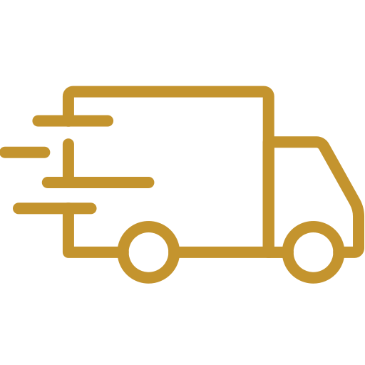 A simple gold outline of a delivery truck with speed lines, indicating fast or express shipping, on a light gray background.