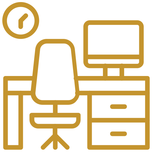 Minimalist line drawing of an office setup with a desk, office chair, computer monitor, drawers, and a wall clock.