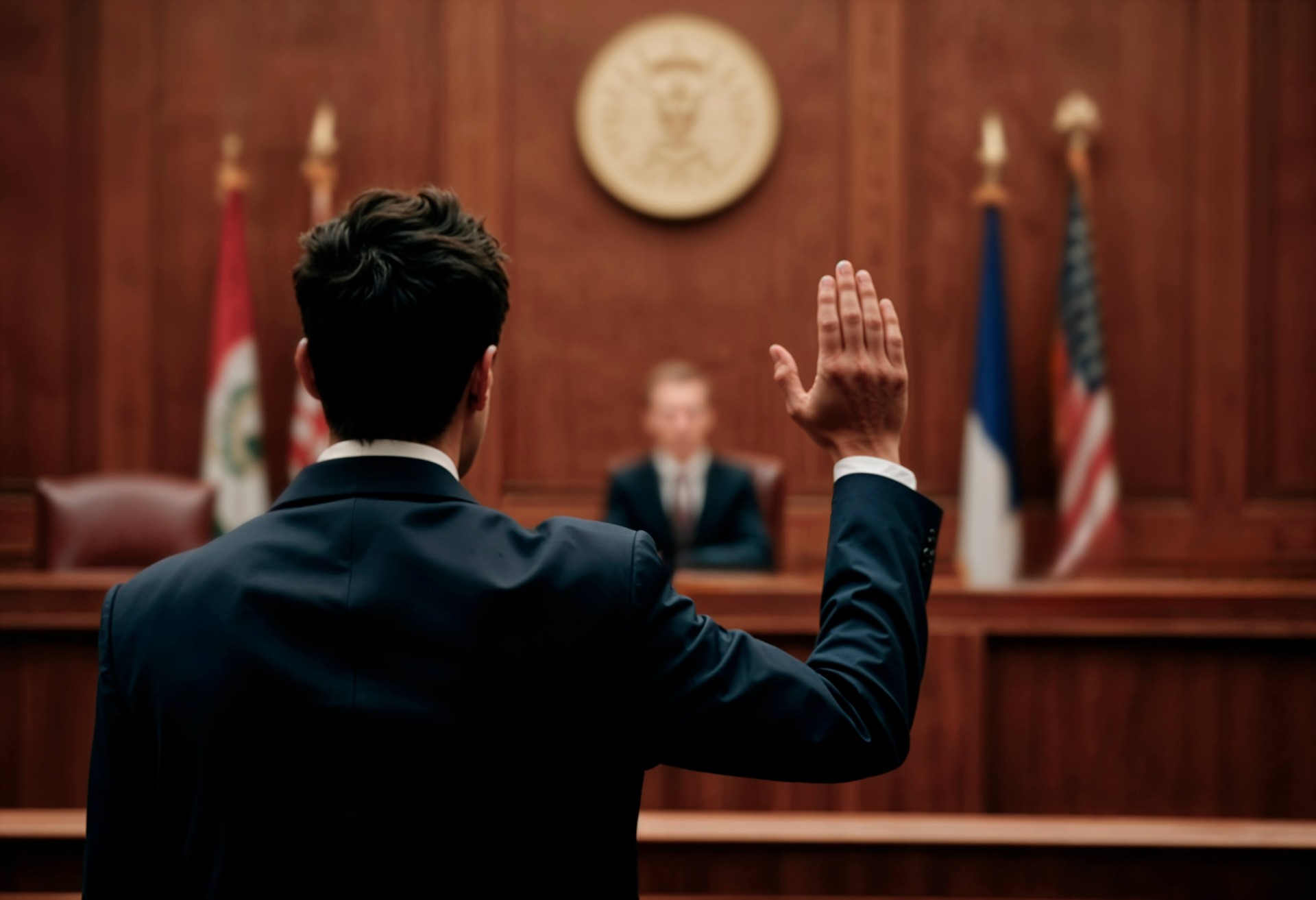 A man in a suit stands with his right hand raised, swearing an oath in a courtroom before a judge seated at the bench.